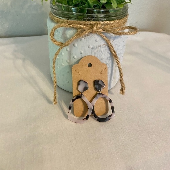 Circle Drop Earrings Marbled Black and White - Picture 3 of 3